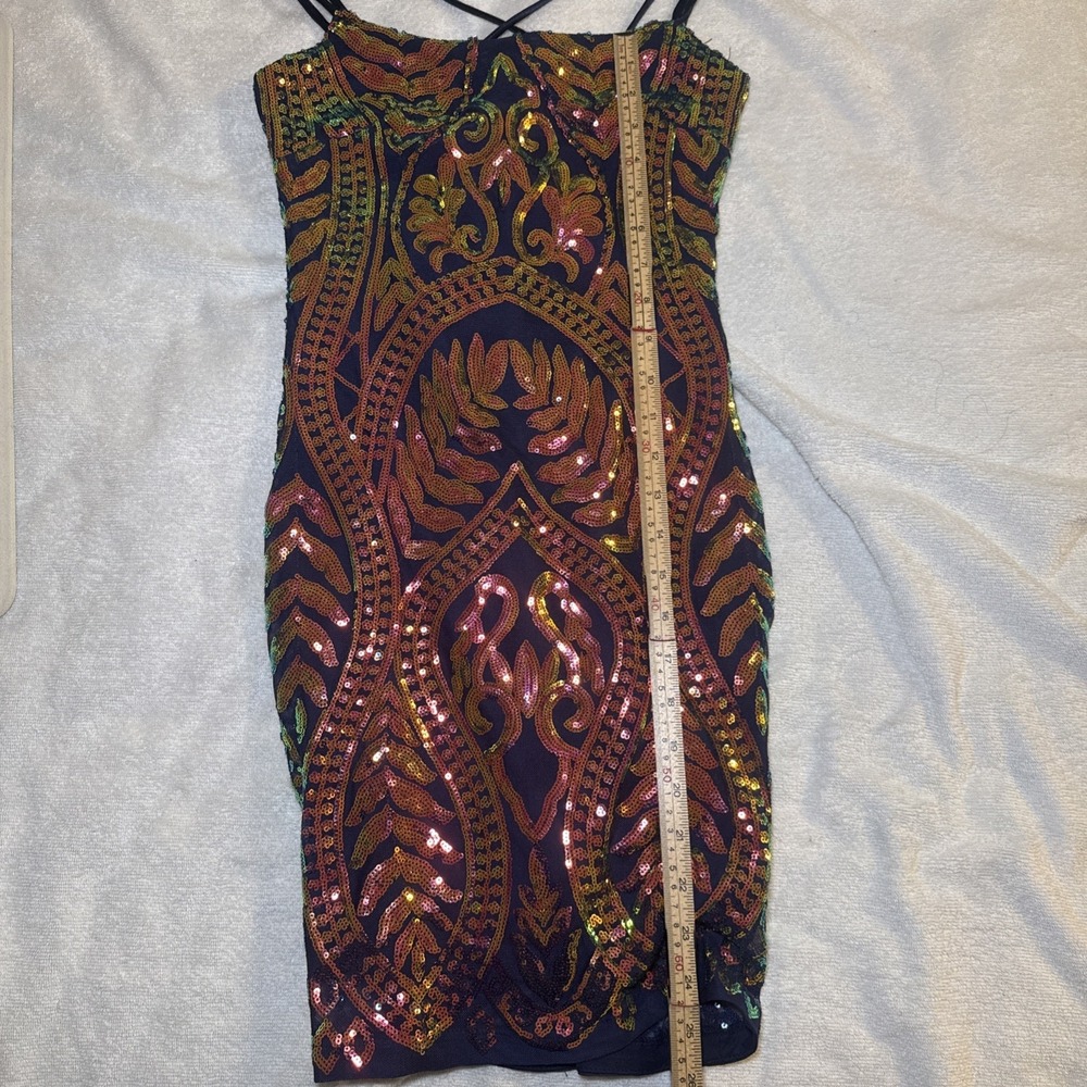 Blondie Nites Sequin Bodycon Mini Dress Jr Size 1 Gold Orange Navy Party - Picture 6 of 7
